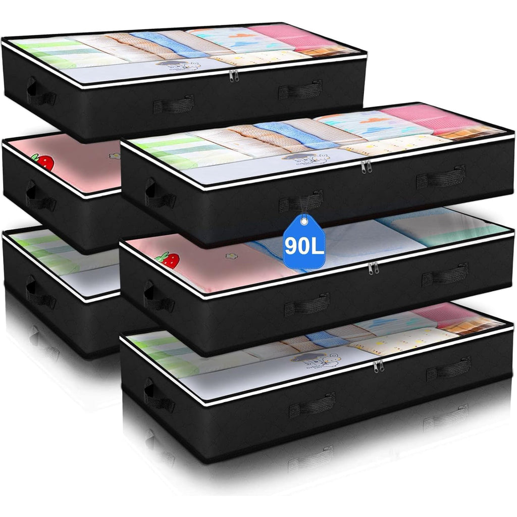 90L Under Bed Storage Containers Black 6 Pack T459