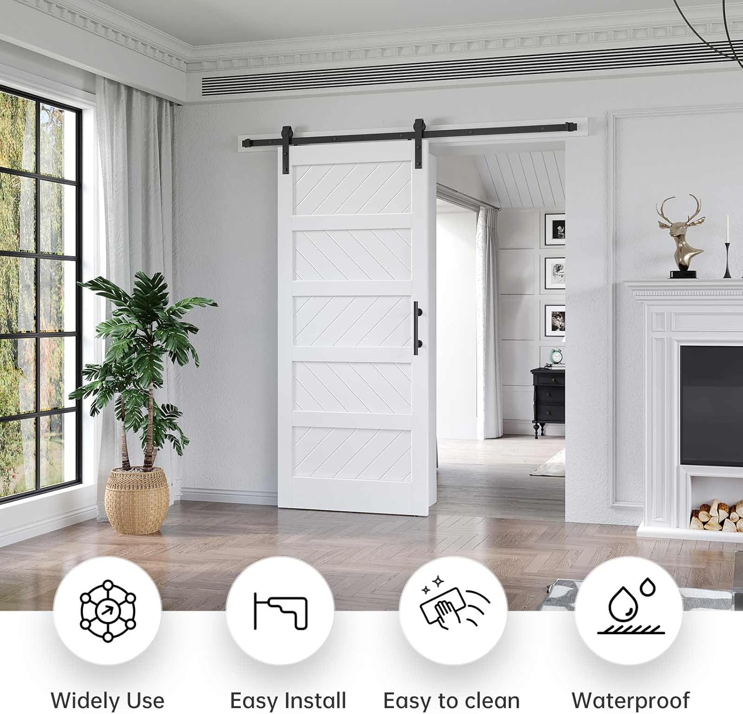 White Barn Door with Sliding Door Hardware Kit, Solid MDF Wood Slab with PVC Surface, 5-Panel M4769