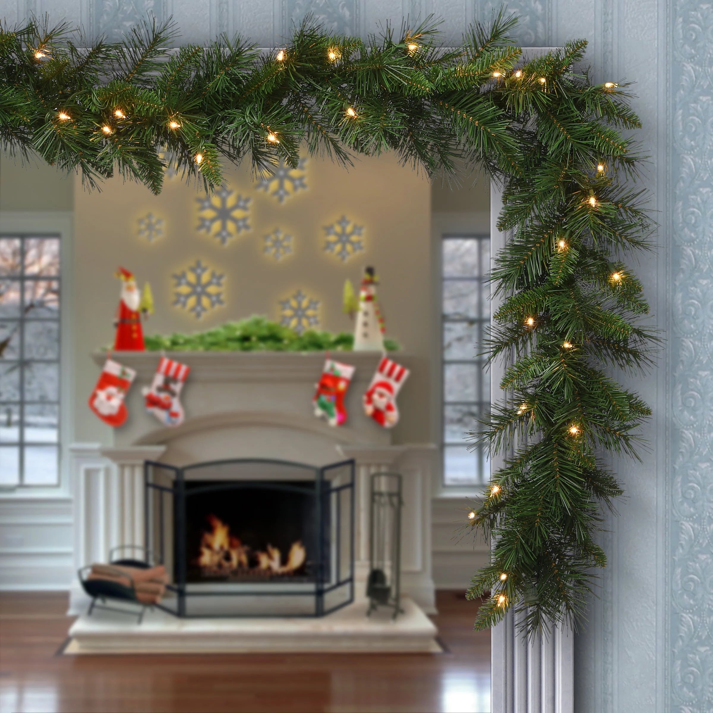 Pre-Lit Artificial Christmas Garland, Green, White Lights, 9 Feet R578050