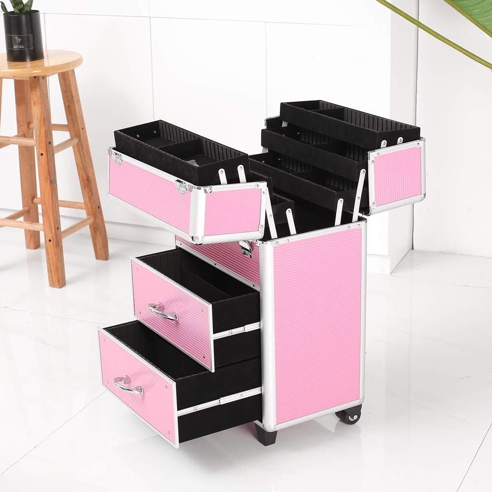 Rolling 4 Tiers Lockable Aluminum Makeup Travel Organizer Cosmetic Case Rose Pink H557