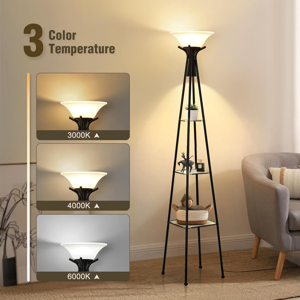 Black 69" Tall 3-Tier Glass Shelf Floor Lamp with 8W Bulb H595