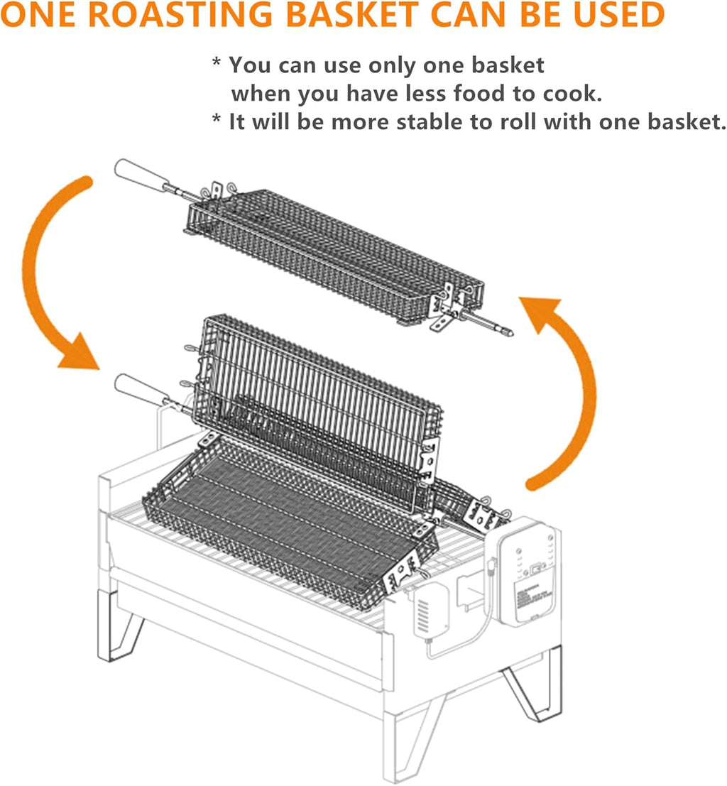 2 IN 1 Charcoal Grill Rotisserie Kit with 3 Stainless Steel Rotating Baskets and 24 In Grill Grate P712961