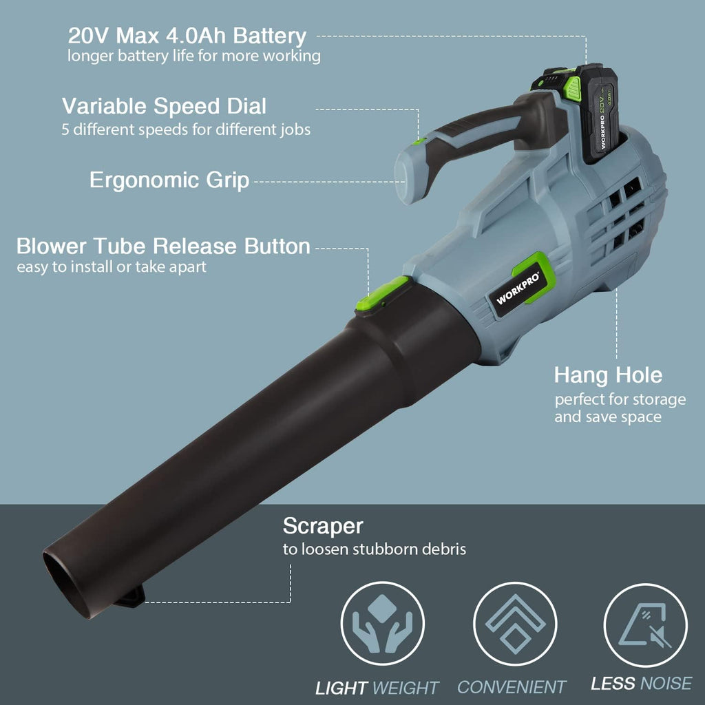 20V Cordless Leaf Blower with 5 Adjustable Speeds, 350 CFM, 4.0Ah Battery and Charger I69052