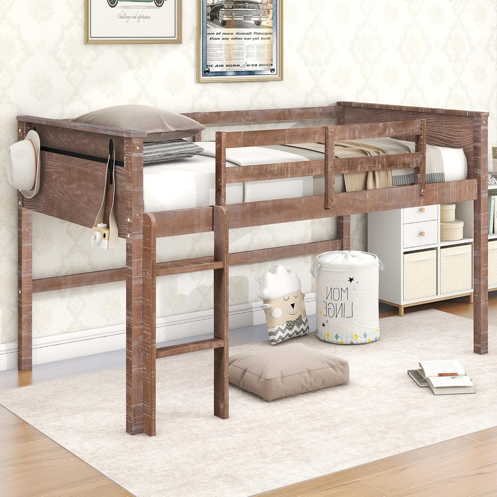 Twin Size Wood Loft Bed with Hanging Clothes Rack K9523