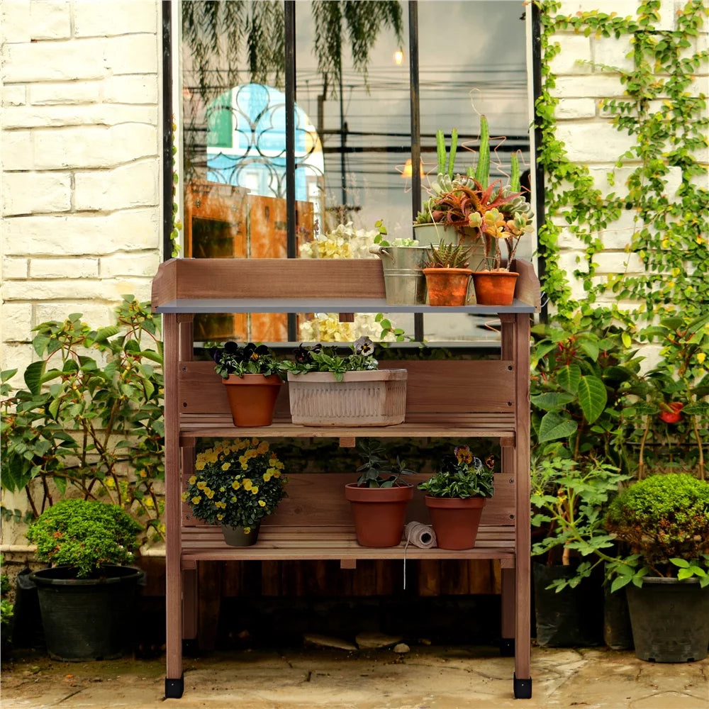 Brown Outdoor Potting Bench Table with Storage Shelf H120