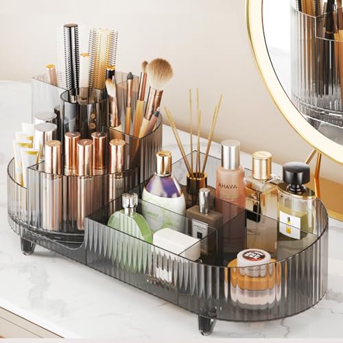 3 Layer Rotating Makeup Organizer with Brush Holder and Drawer (White) U8959
