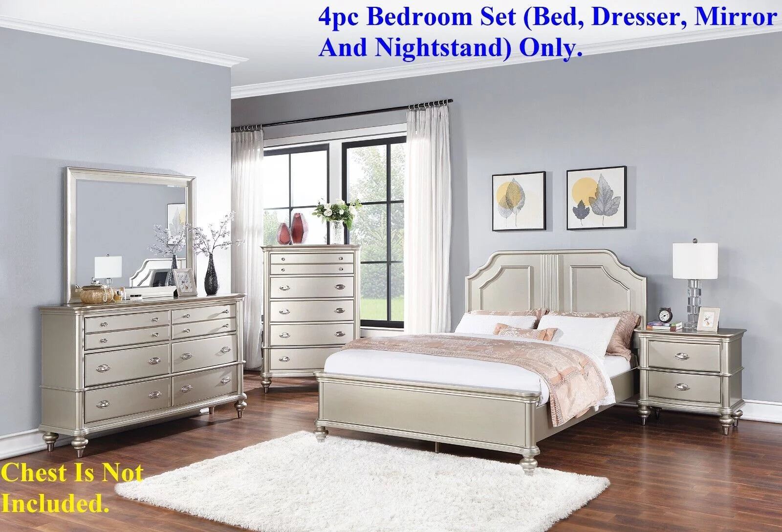 4pc Silver Eastern King Size Bed Dresser Mirror Nightstand Furniture N7889