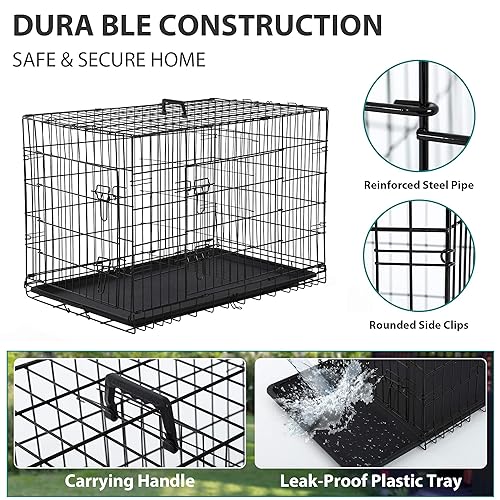 Black Double-Door Folding Metal Wire Dog Crate with Plastic Tray N638137