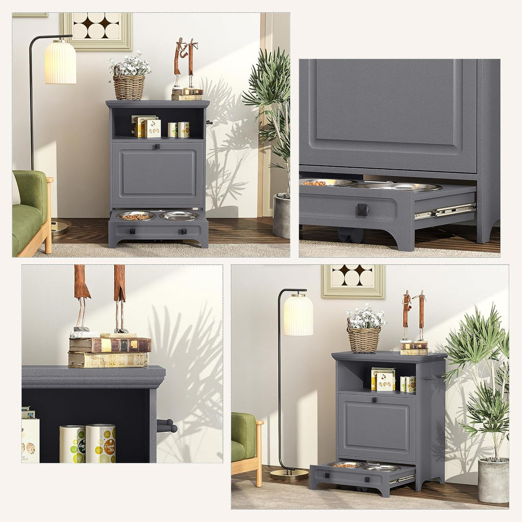 Dark Gray Dog Feeder Station with 2 Raised Dog Bowls G1250