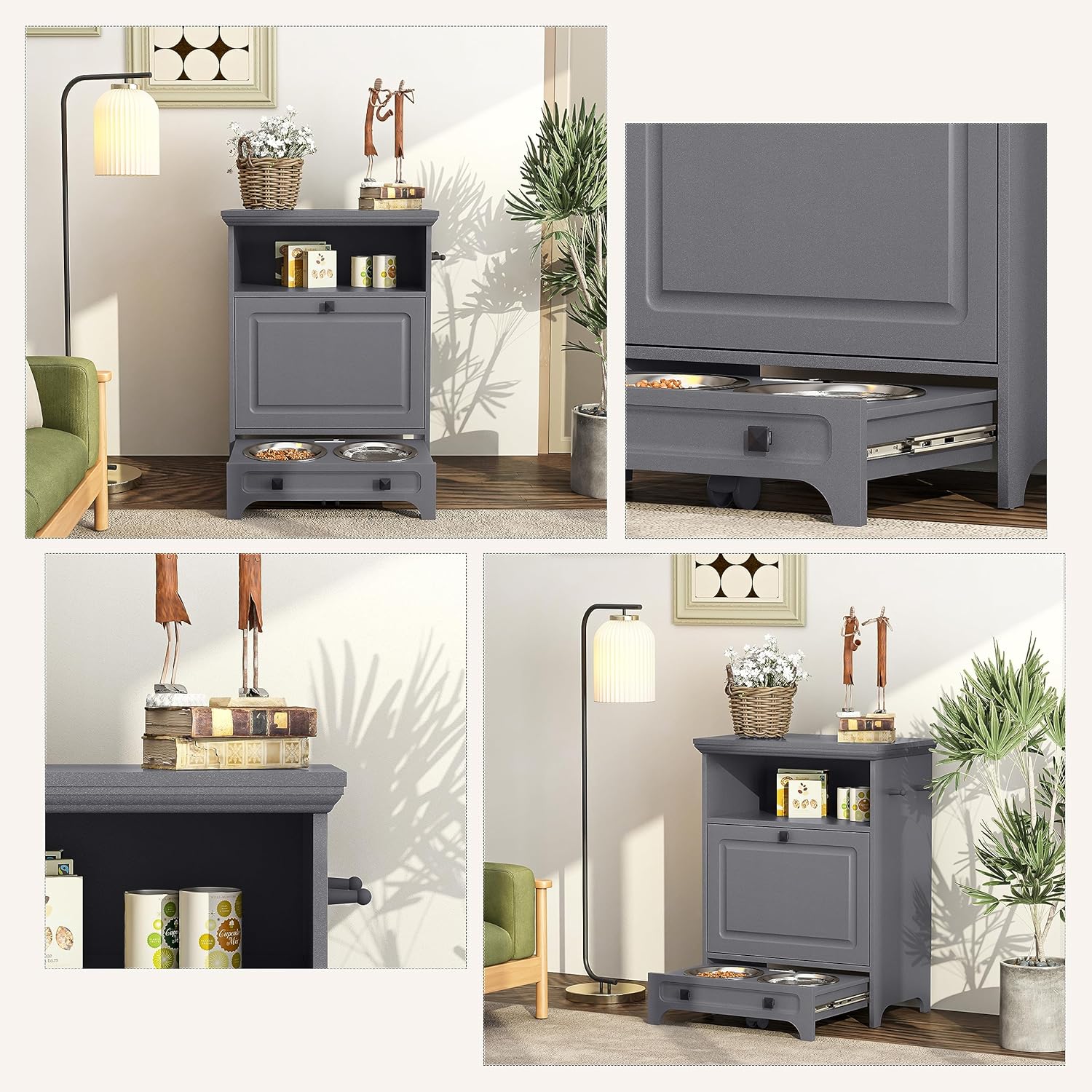 Dark Gray Dog Feeder Station with 2 Raised Dog Bowls G1250