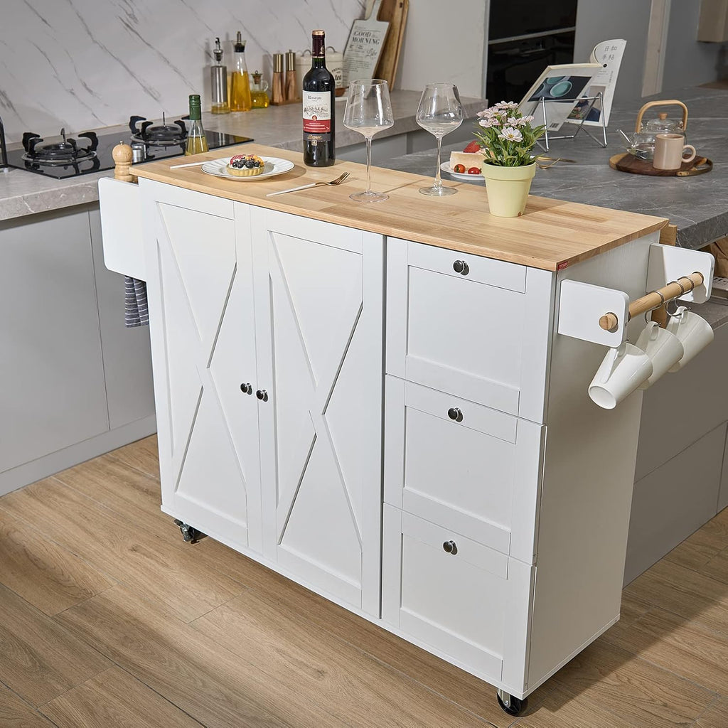 White Solid Wood Top Kitchen Island Cart with Storage Cabinet and Drop Leaf S871