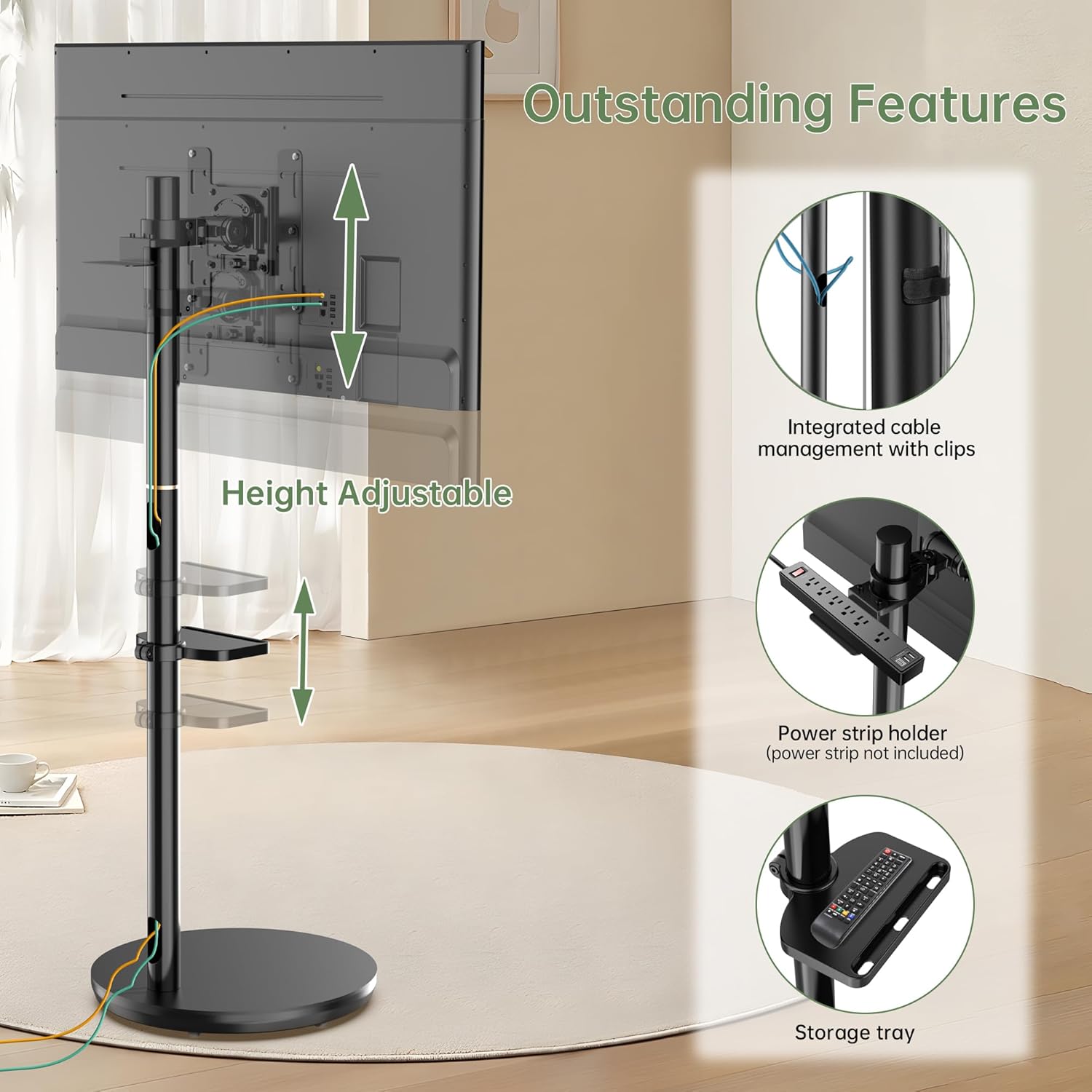Black Rolling TV Stand with Wheels, Height Adjustable, VESA 200x200mm H46011