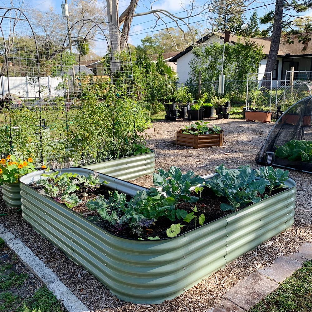 17" Tall L-Shaped Modular Corrugated Metal Raised Garden Beds Green Y791