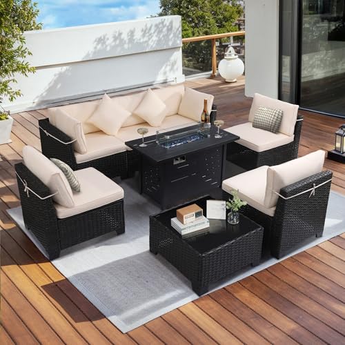 7 Pieces Patio Furniture Set with Cushions and Glass Coffee Table D4353