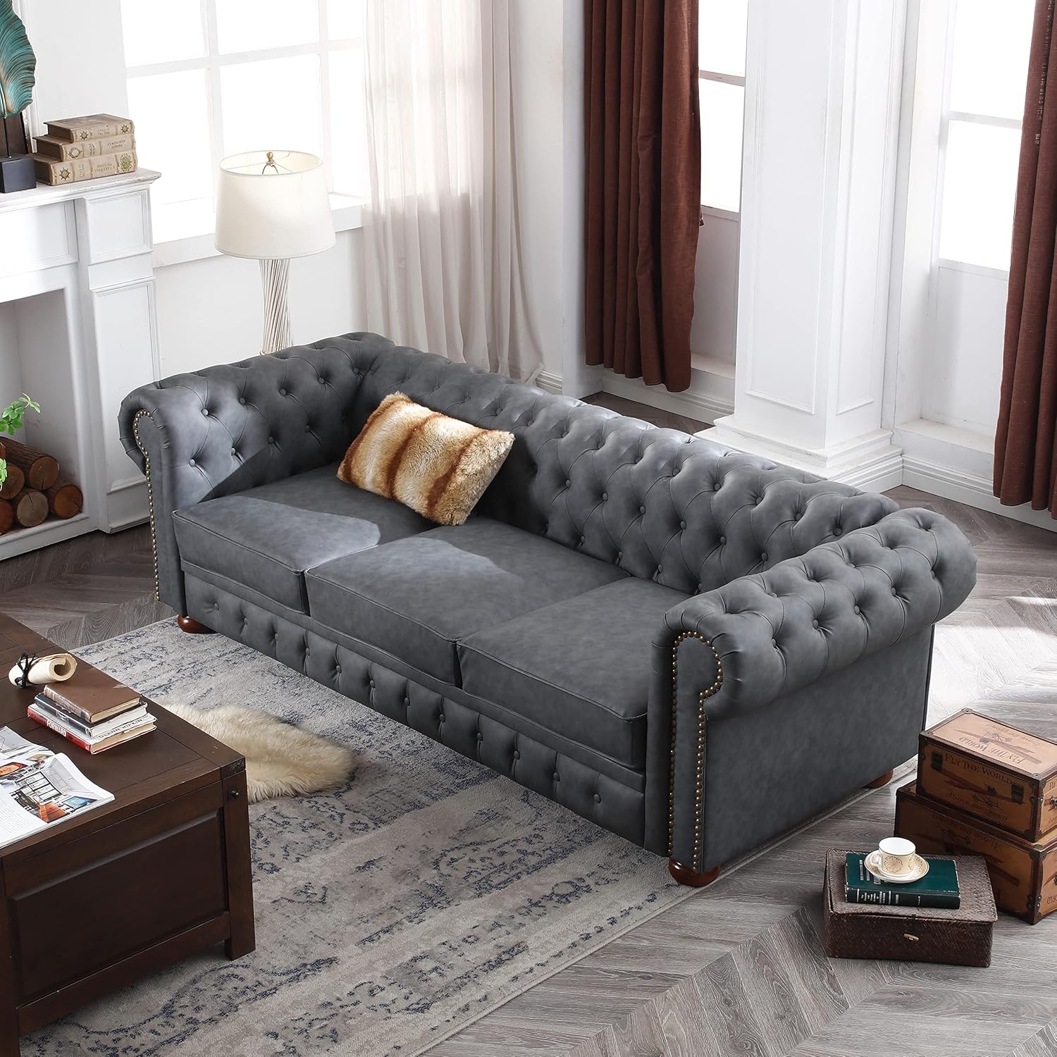 Dark Grey Faux Leather Chesterfield Sofa R3673