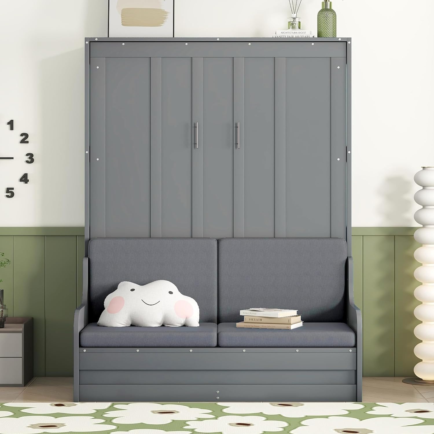 Queen Size Solid Wood Murphy Bed with Upholstered Headboard (Gray) Z790104