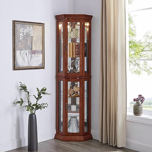 Walnut Wooden Corner Curio Cabinet with Adjustable Tempered Glass Shelves B64231