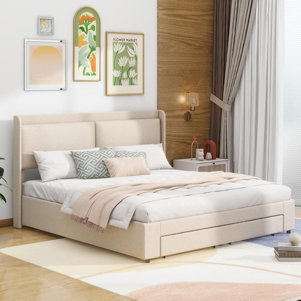 Beige Queen Size Platform Bed Frame with Lift Up Storage and 2 Drawers E7894
