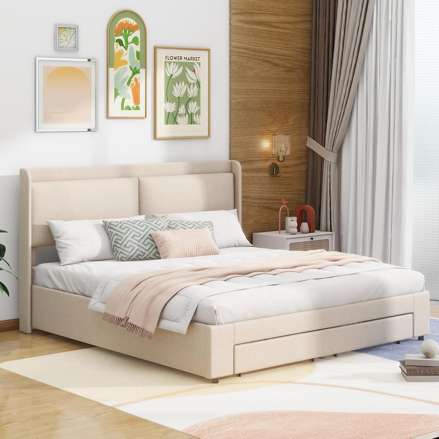 Beige Queen Size Platform Bed Frame with Lift Up Storage and 2 Drawers E7894