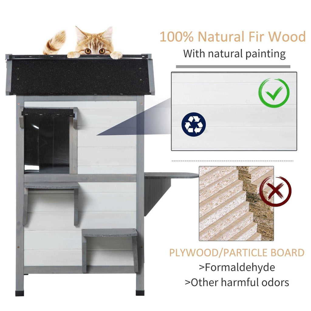 Wooden 2-Story Outdoor Cat House with Escape Door A8395