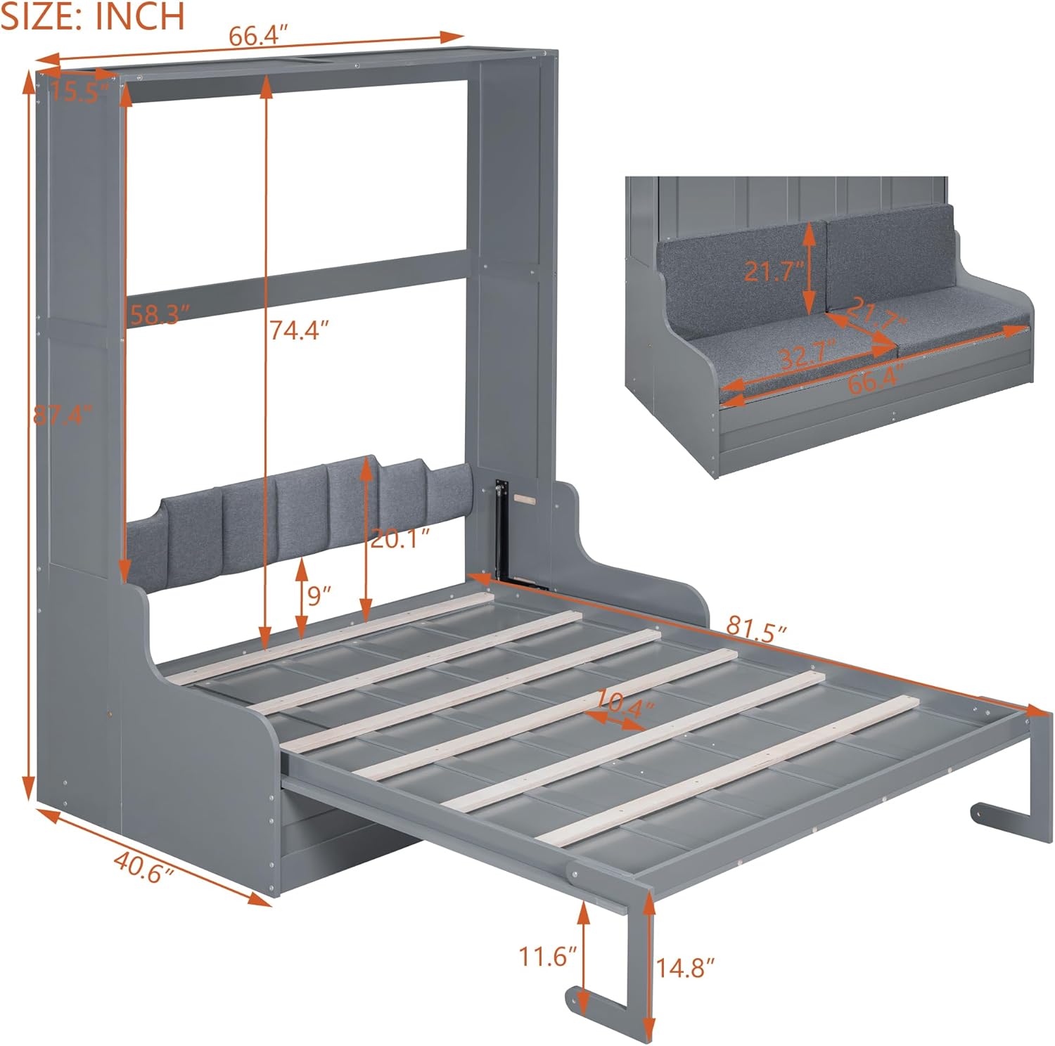 Queen Size Solid Wood Murphy Bed with Upholstered Headboard (Gray) Z790104