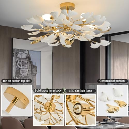 Gold Ceramic Ginkgo Leaf Semi Flush Mount Ceiling Light Fixture, 24" C5740
