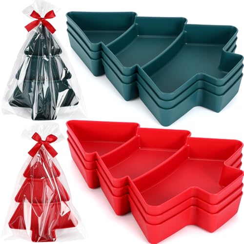 6 Pcs Christmas Tree Shape Serving Tray Platter Red and Green Plastic 3 Grids Dishes with Bag and Ribbon K975416