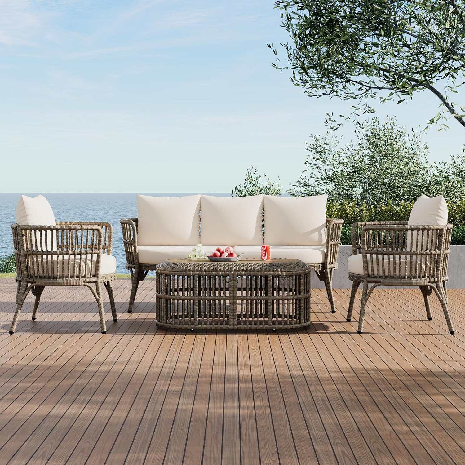 4-Piece Rattan Outdoor Patio Conversation Set with Coffee Table (Brown Grey) R13544