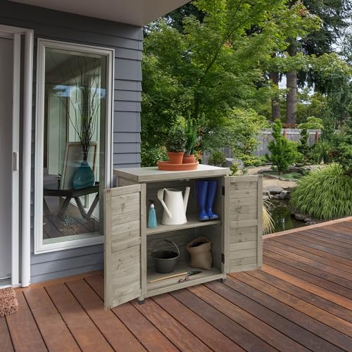 Gray Wooden Potting Bench with Metal Tabletop and Storage Cabinet S184280
