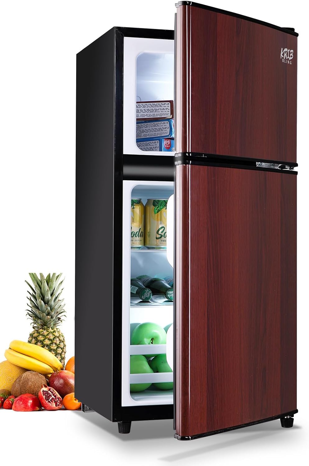 Mini Fridge With Freezer, Compact Refrigerator With 2 Doors, 3.5 Cu. Ft Wood J30060