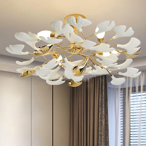 Gold Ceramic Ginkgo Leaf Semi Flush Mount Ceiling Light Fixture, 24" C5740