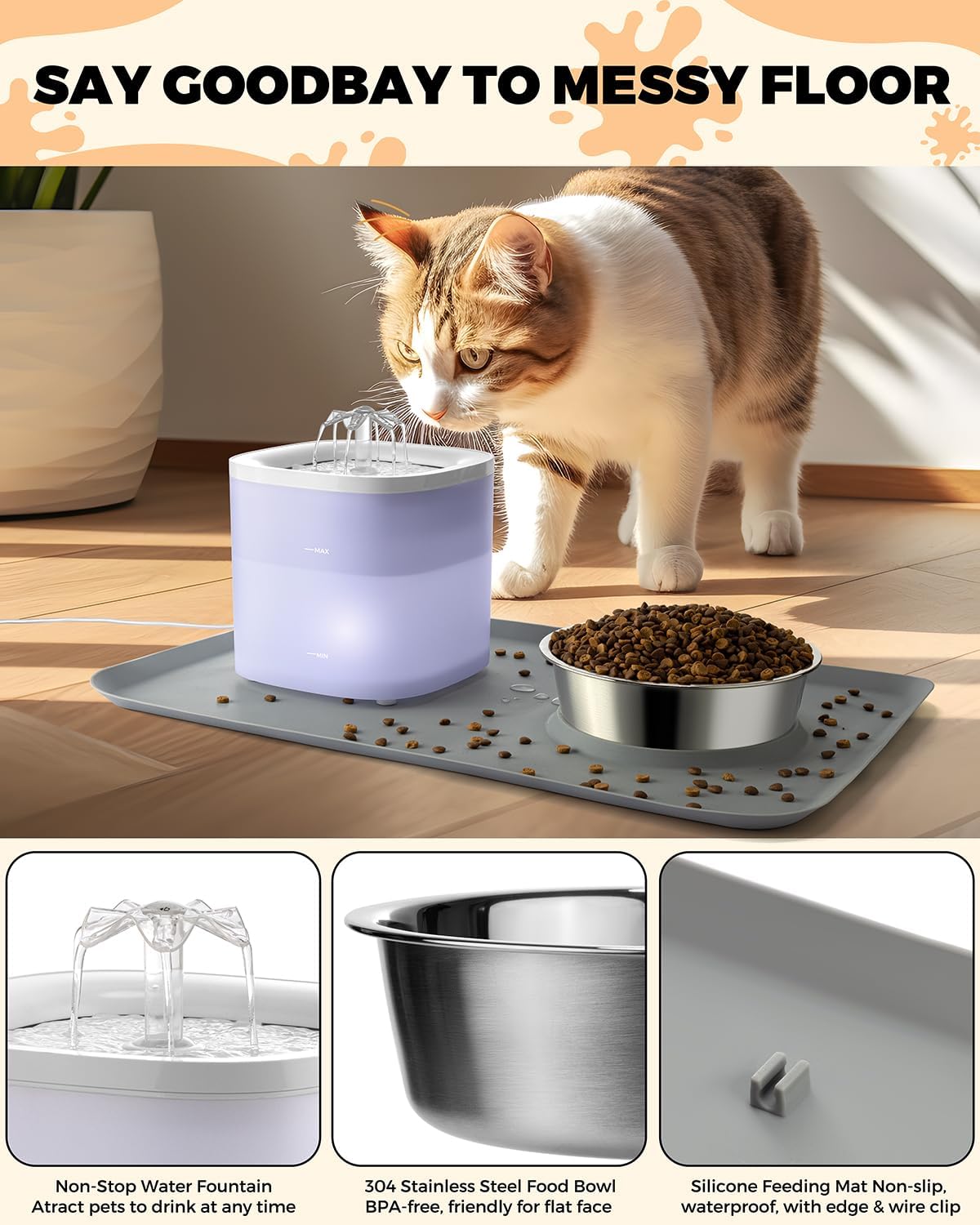 63oz Stainless Steel Cat Water Fountain and Food Bowl Set H841138