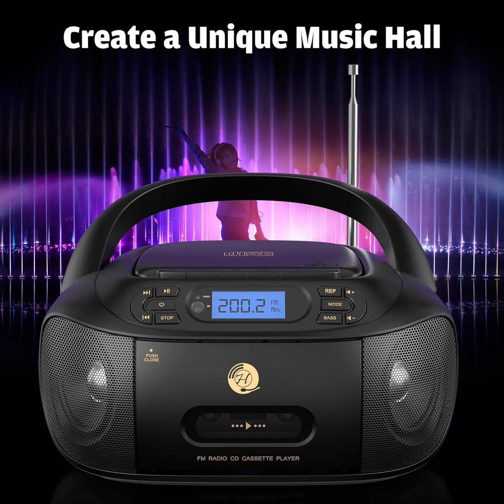 CD Cassette Player Combo Boombox with Bluetooth 5.1, FM Radio, Stereo Sound Q6593