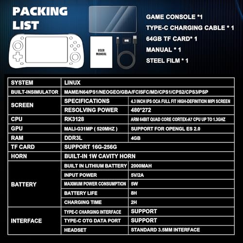 Retro Handheld Game Console with 4.3" IPS Screen, 64GB Memory Card, 3500mAh Battery E930825