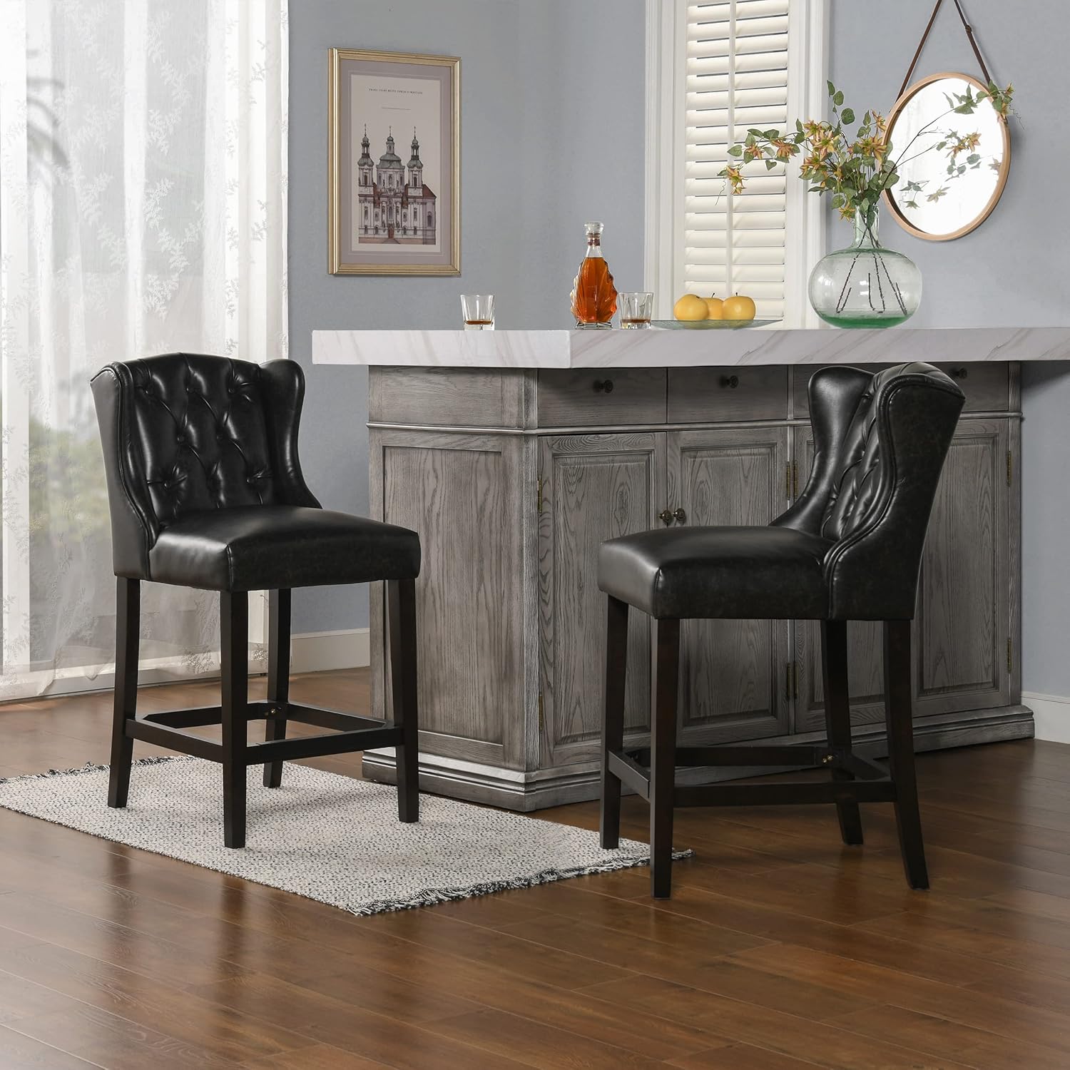 Vintage Black Brown Faux Leather Armless Counter Height Bar Stool R574556