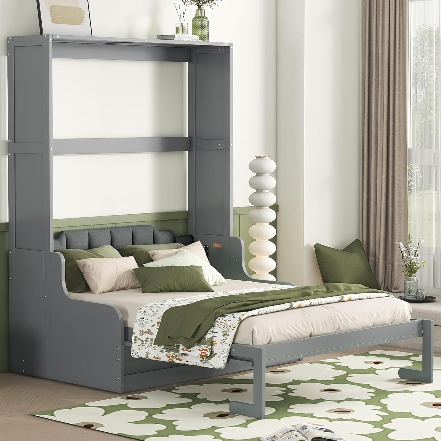 Queen Size Solid Wood Murphy Bed with Upholstered Headboard (Gray) Z790104
