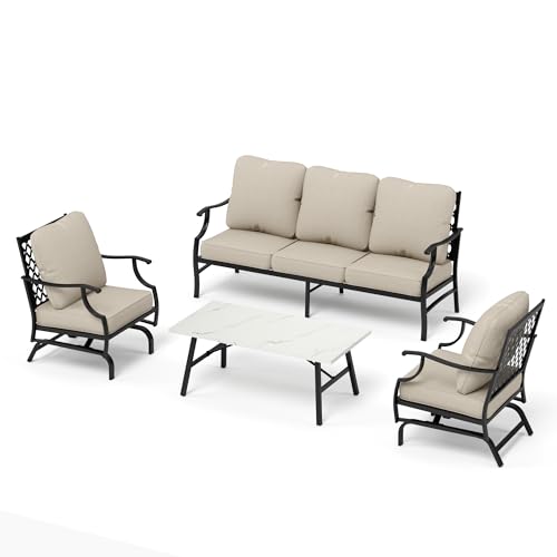 Navy Blue 4 Pcs Metal Outdoor Patio Furniture Set with 3-Seat Sofa, 2 Swivel Chairs, Coffee Table and Cushion N507