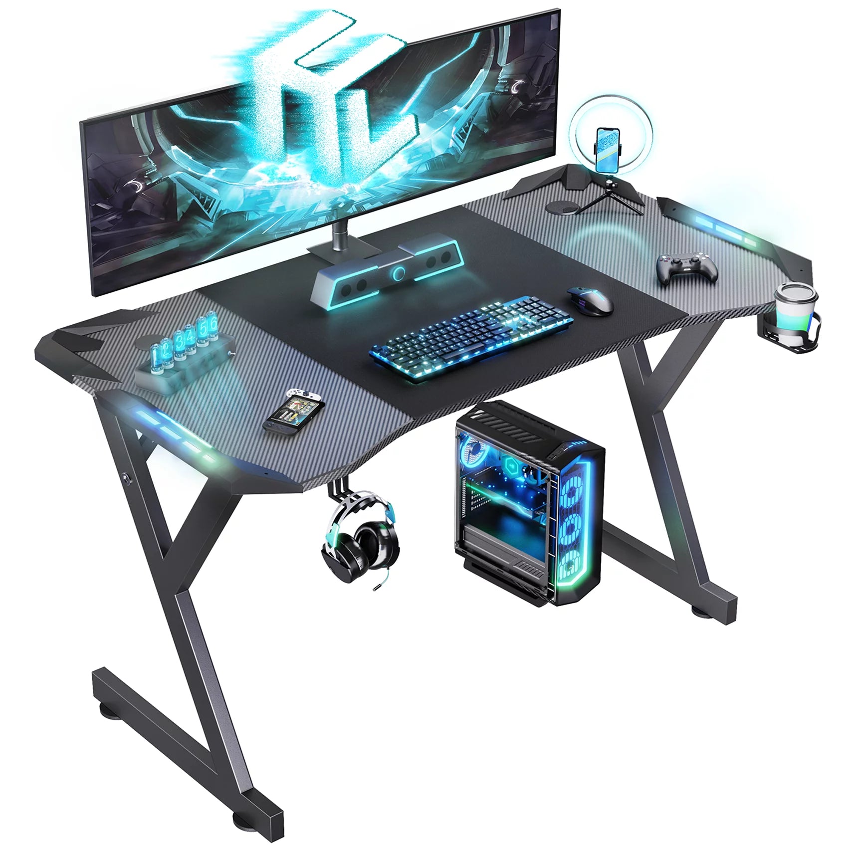 Black 55 Inch Gaming Desk with LED Lights, Carbon Fibre Surface Z957