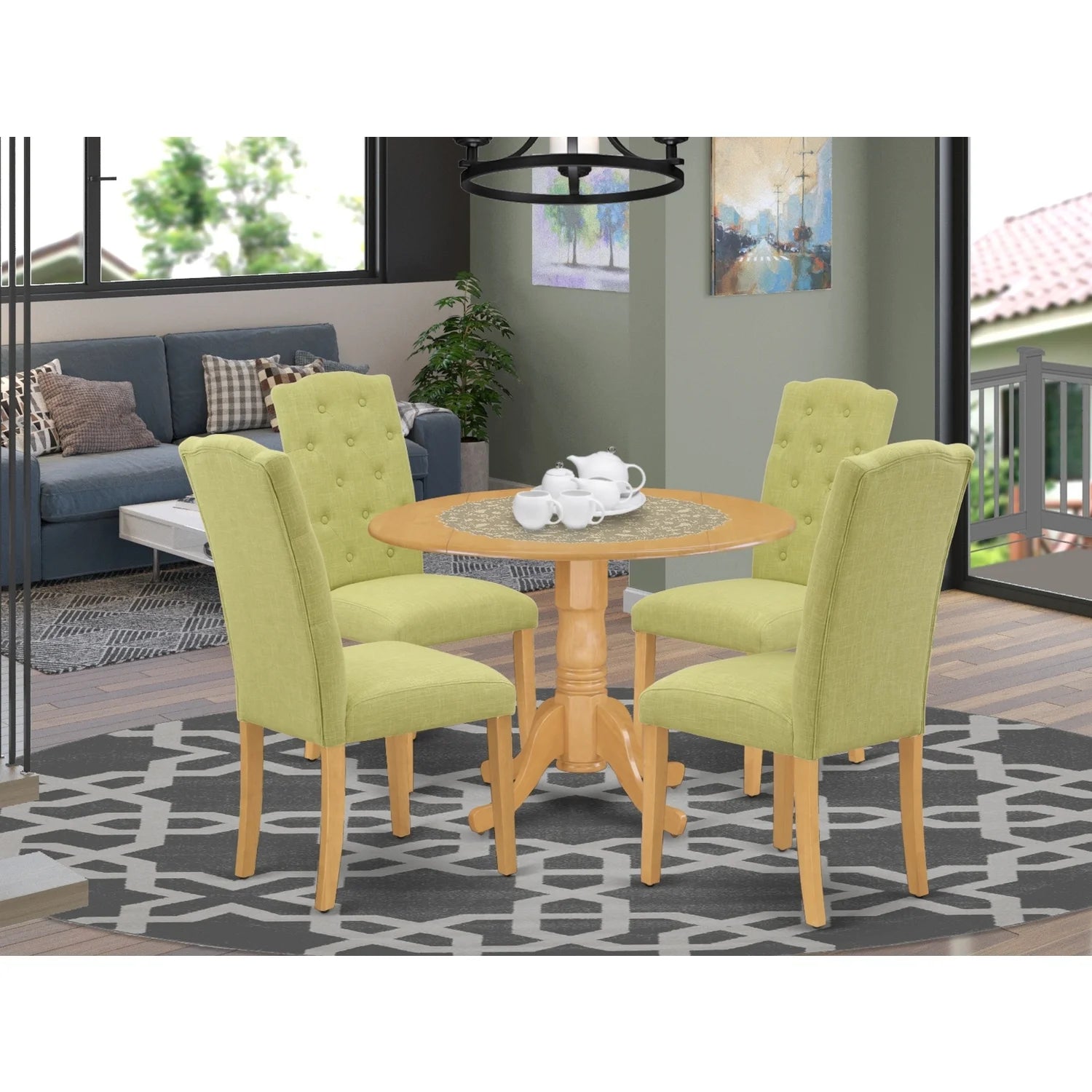5Pc Dining Set with Drop Leaves and Four Parson Chairs, Lime Green Fabric, Oak Finish Y70072