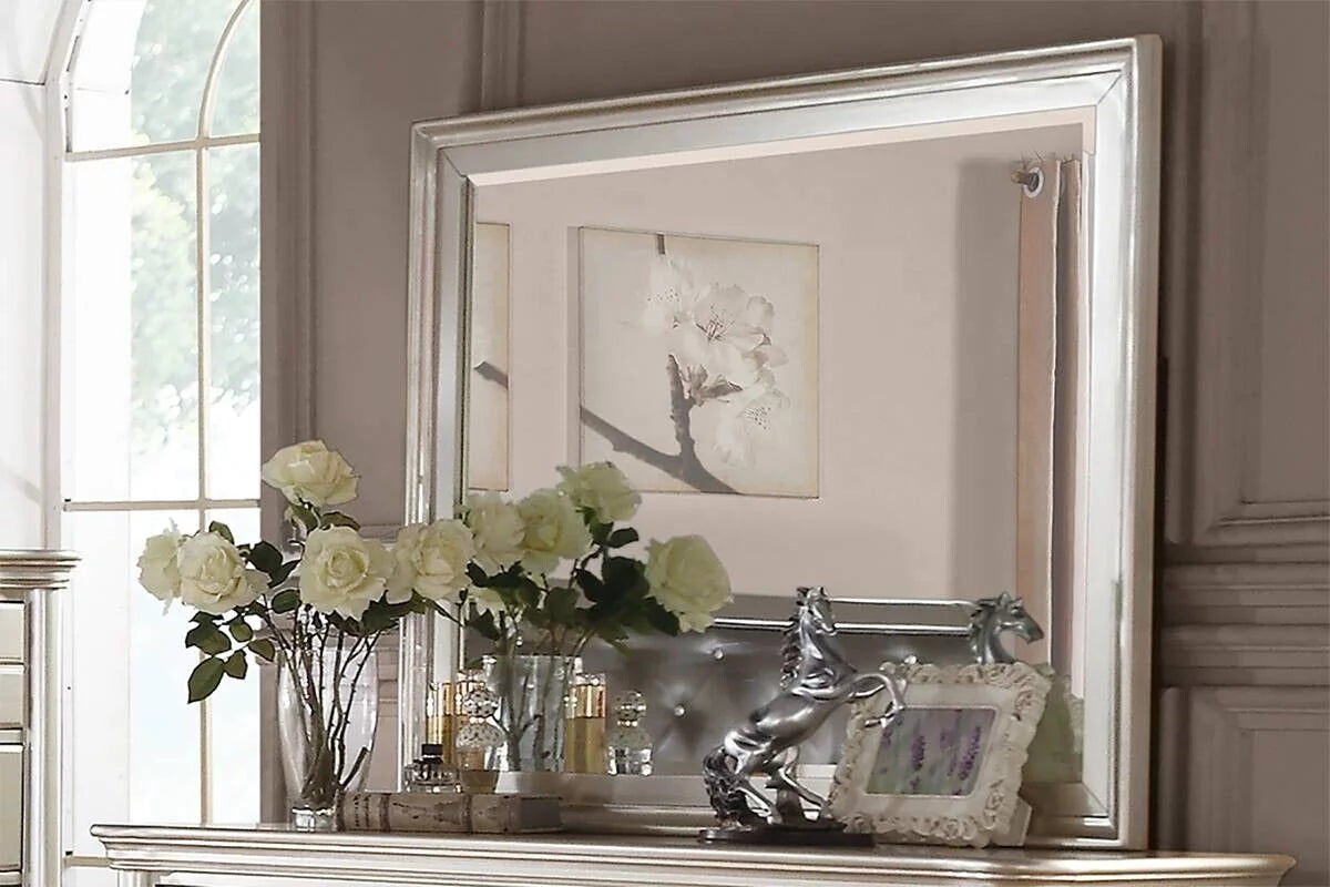 4pc Silver Eastern King Size Bed Dresser Mirror Nightstand Furniture N7889