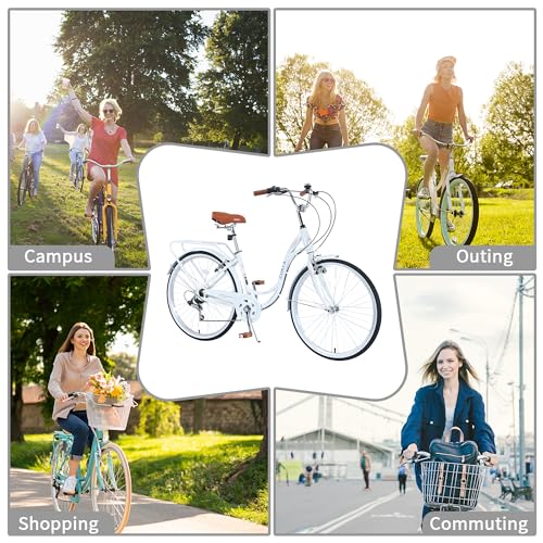26 Inch Beach Cruiser Bike with 7 Speed, Adjustable Seat, Anti-Skid Tires, Front and Rear V-Brakes Q364312