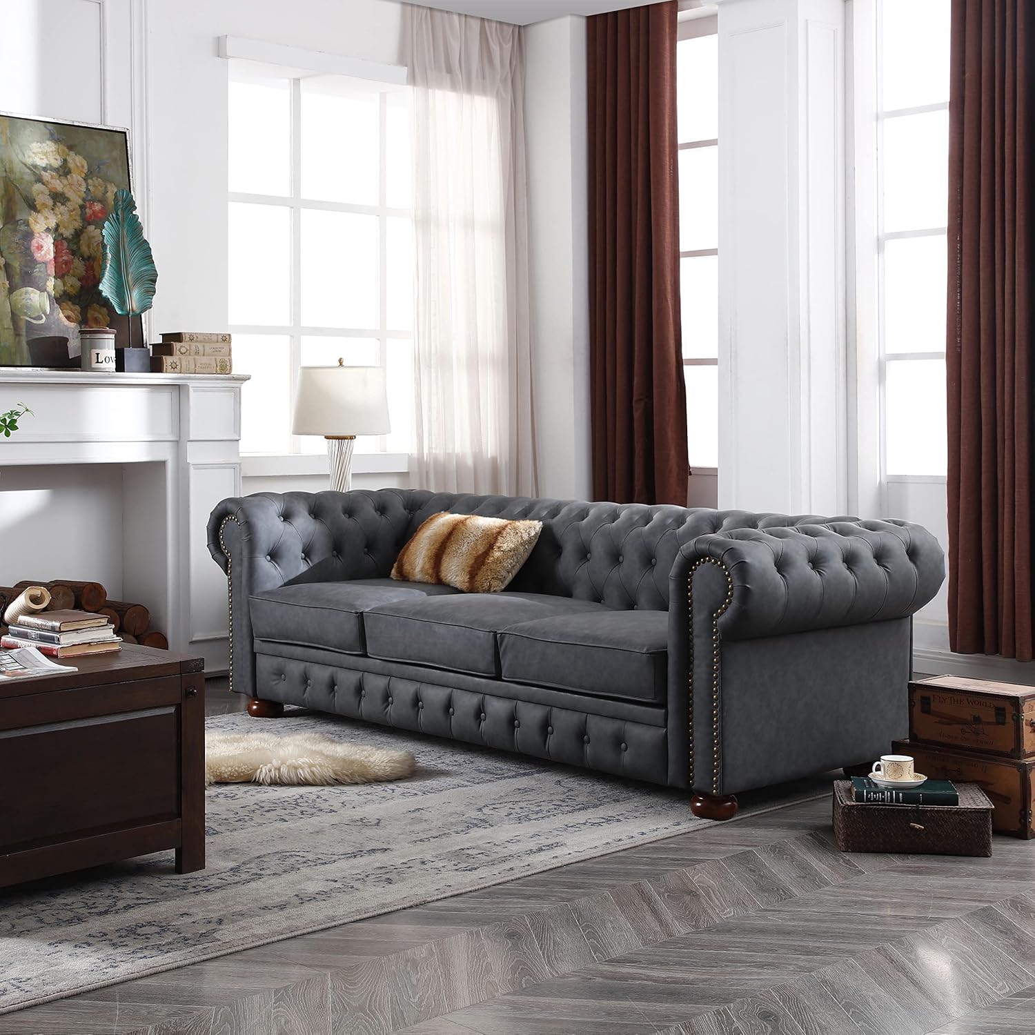 Dark Grey Faux Leather Chesterfield Sofa R3673