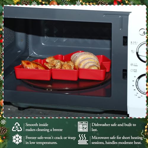 6 Pcs Christmas Tree Shape Serving Tray Platter Red and Green Plastic 3 Grids Dishes with Bag and Ribbon K975416