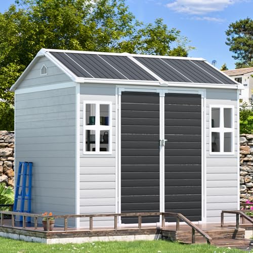8x6 FT Resin Outdoor Storage Shed with Floor & Lockable Door & 2 Windows, Dove Grey Y58879