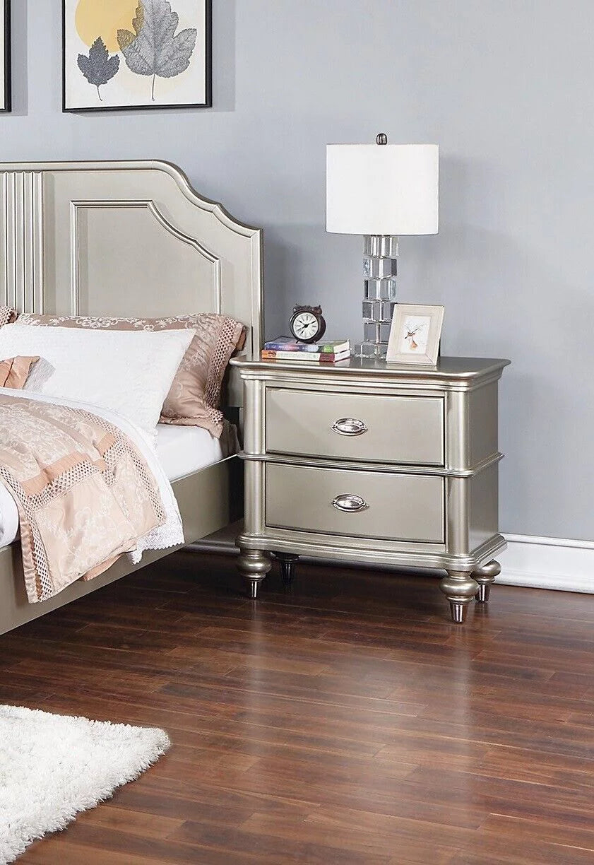 4pc Silver Eastern King Size Bed Dresser Mirror Nightstand Furniture N7889