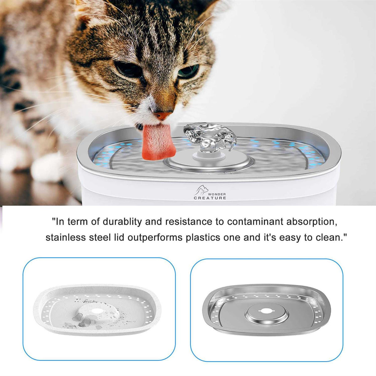 84oz Stainless Steel Cat Fountain with Water Level Window and LED Light Z9646