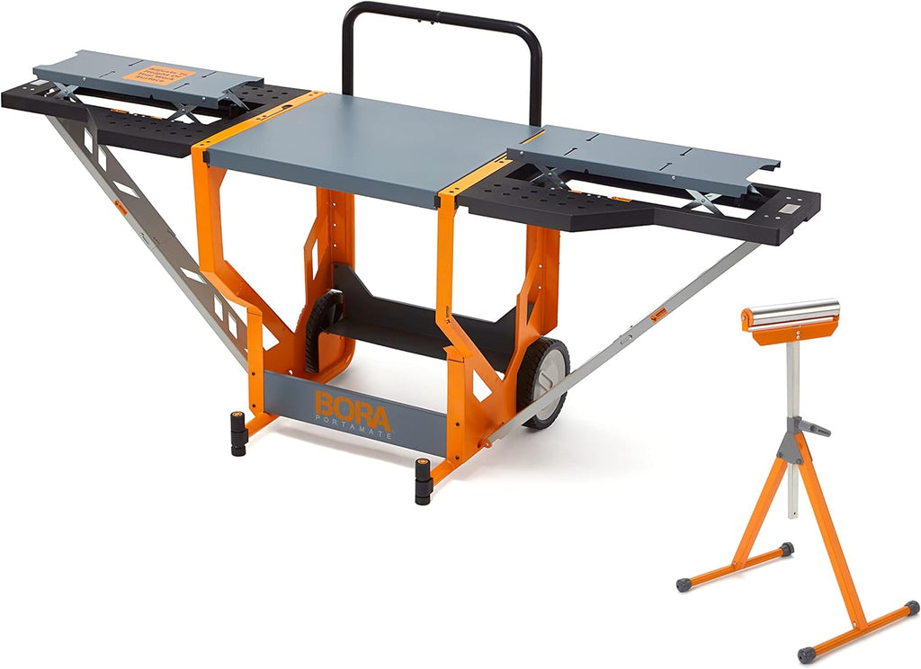 Miter Saw Workstation and Adjustable Pedestal Roller, Mobile Rolling Workbench with Additional Outfeed Support Pedestal Roller W510