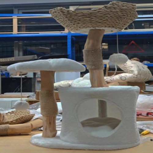White Wood Cat Tree with Scratching Posts and Flower Platforms O520415