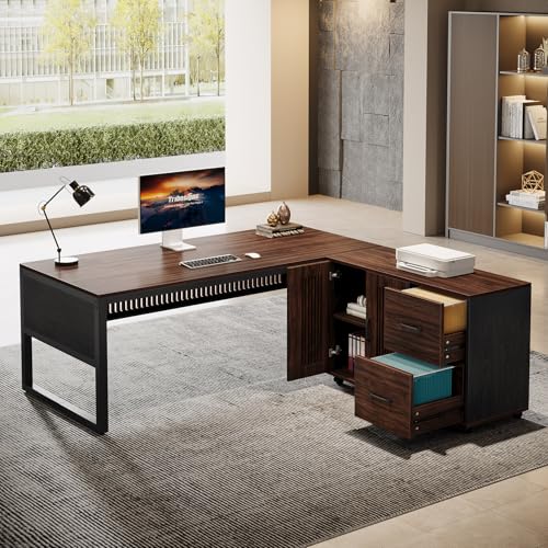 63-Inch L-Shaped Executive Desk with Mobile File Cabinet, Drawers and Storage Shelves, Dark Walnut & Black U47691