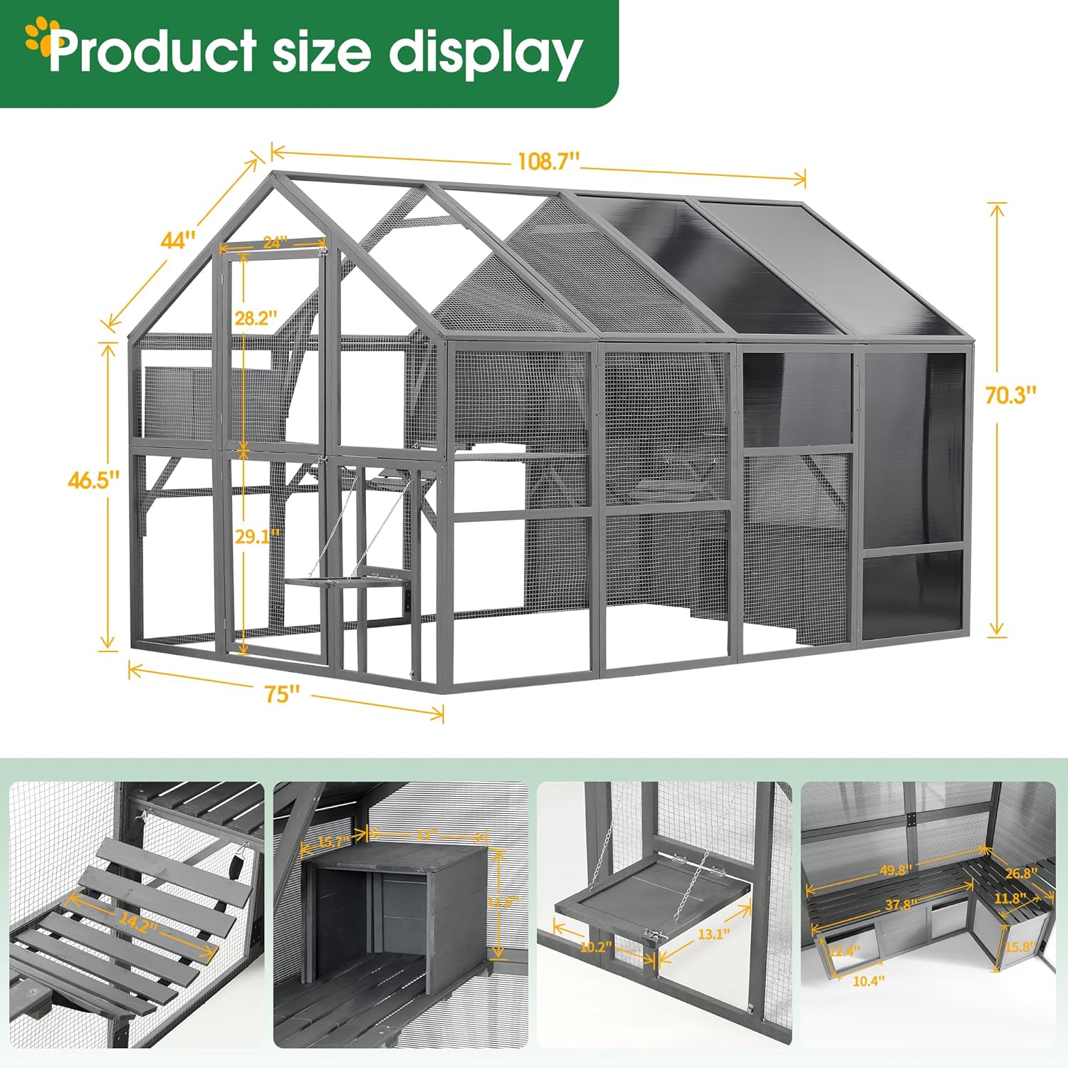 Large Cat Cage Outdoor Wooden Catio Enclosure Patio Cat Run House with Weatherproof Roof M79044
